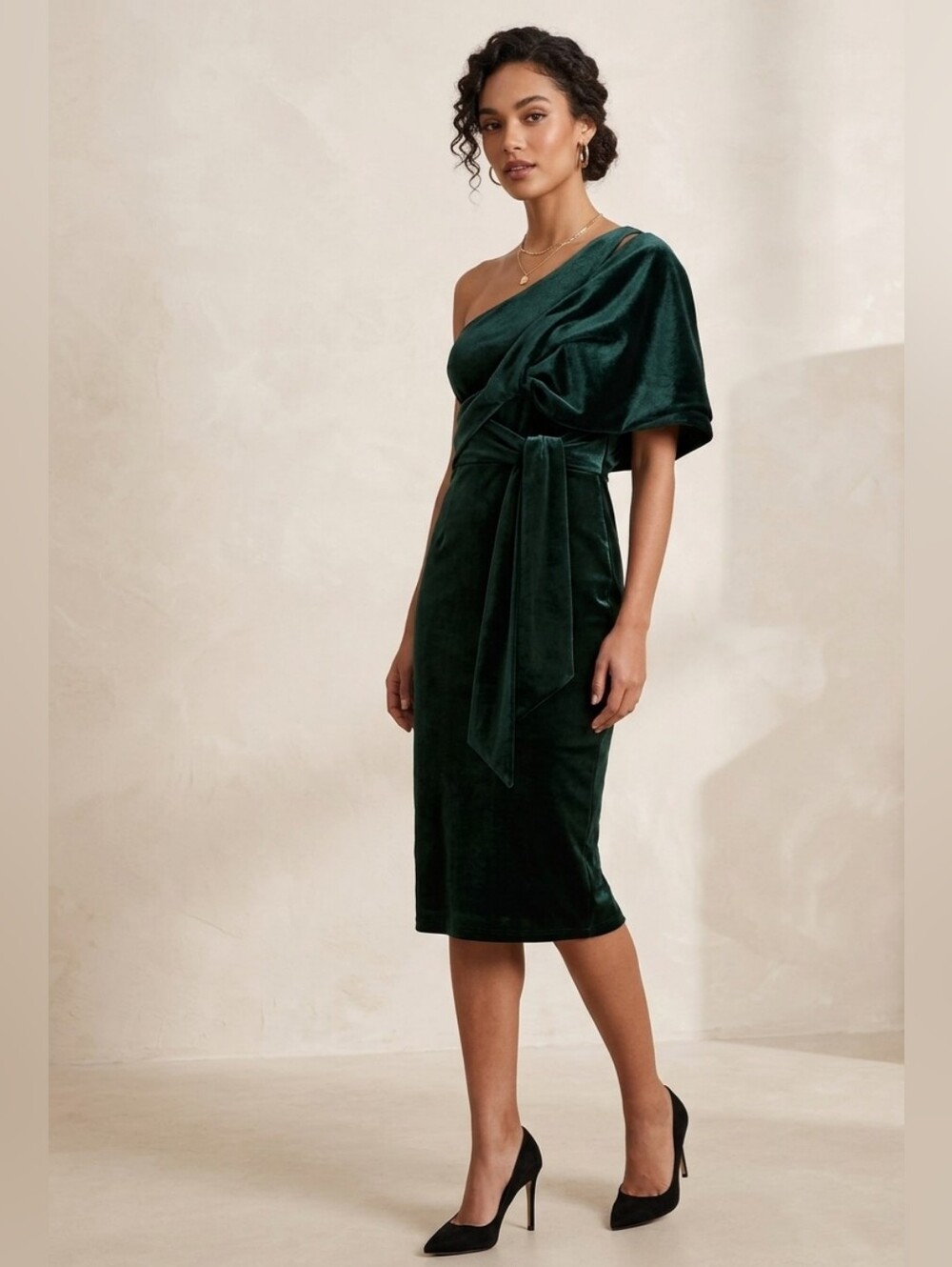 Asos Womens One-Shoulder Velvet Sheath Dress in Deep Green Sz 4